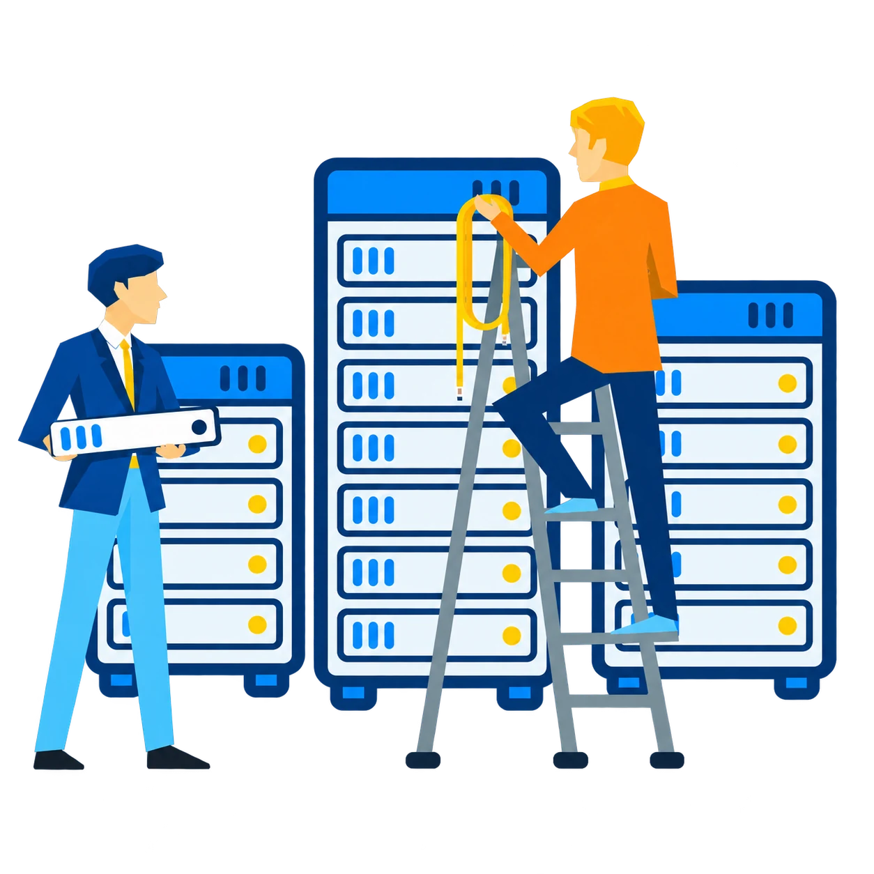 Два специалиста Serv-Tech устанавливают серверный модуль и подключают кабель к серверным стойкам